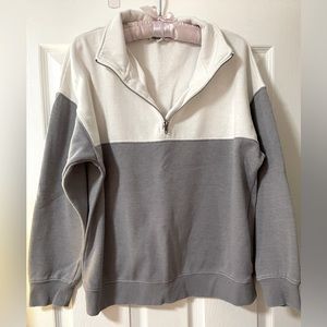 Hippie Love grey and white color block half zip collared cotton pullover